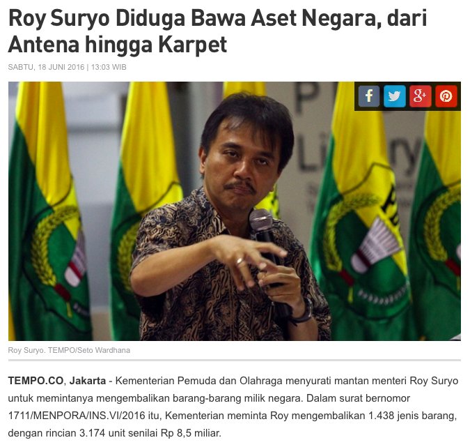 Roy Suryo Watch (@roysuryowatch) on Twitter photo Ex-Menpora <a href="/KRMTRoySuryo/">KRMT Roy Suryo</a> Diduga Bawa Aset Negara, dari Antena hingga Karpet
nasional.tempo.co/read/news/2016… Ex-Menpora <a href="/KRMTRoySuryo/">KRMT Roy Suryo</a> Diduga Bawa Aset Negara, dari Antena hingga Karpet
nasional.tempo.co/read/news/2016…