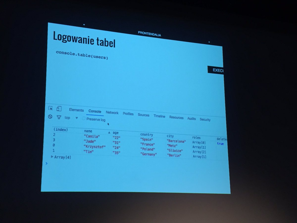 marmazurek's tweet photo. Ładne i czytelne logi to coś nowego :) thx @ChromeDevTools #frontendalia https://t.co/mNeasBfKou