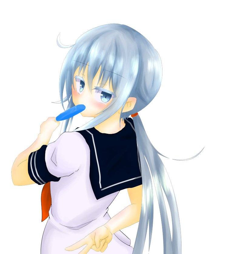 hibiki (kancolle) 1girl solo long hair food blue eyes popsicle grey hair  illustration images