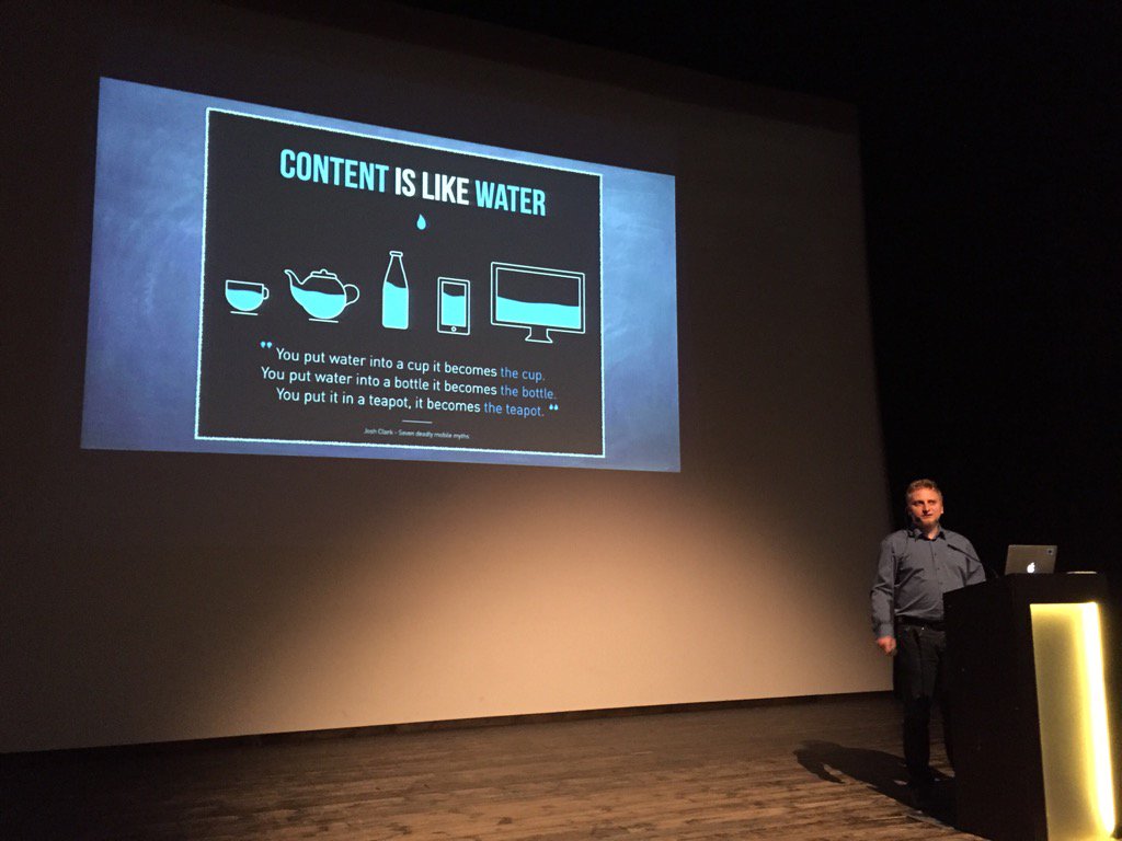 marmazurek's tweet photo. Content is like water. The best tip for creating #rwd web I've ever heard #frontendalia #frontend #ResponsiveDesign https://t.co/P5QSFn7SLo
