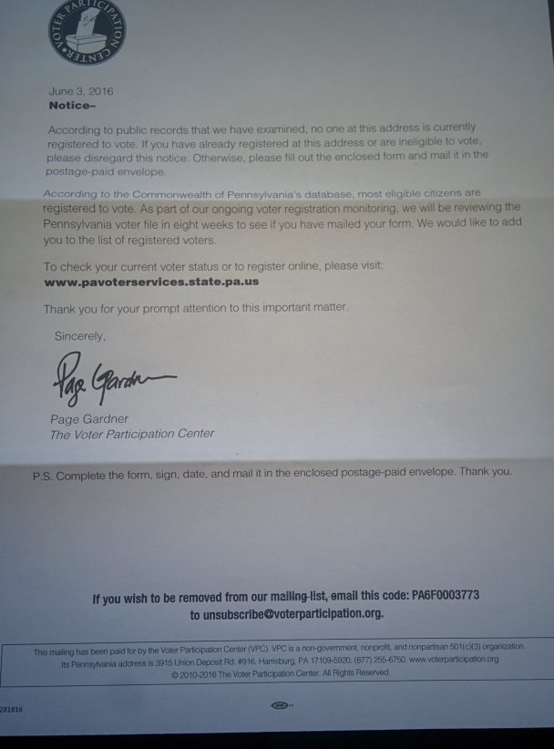 davidhagmann's tweet photo. Just received a great voter registration nudge! @Todd_Rogers_ @BeSciPol @Nudgeblog @R_Thaler @BEworksInc @ideas42 https://t.co/duO3M9Rfv6