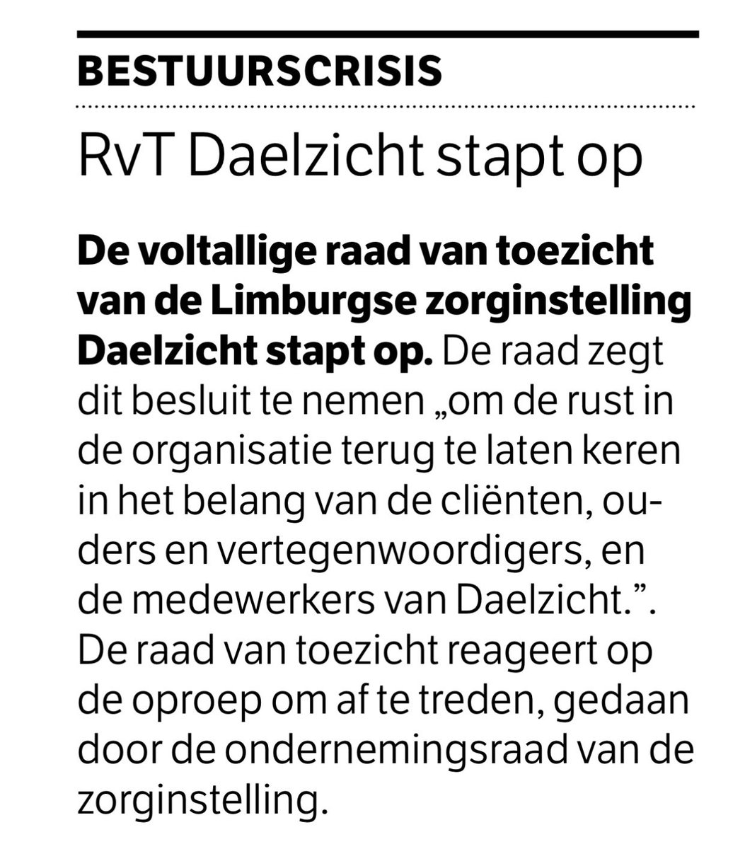 Klein bericht in #NRC, maar grote stap van samenwerkende medewerkers #Daelzicht: na RvB nu ook RvT ‘weggestuurd’#GHZ