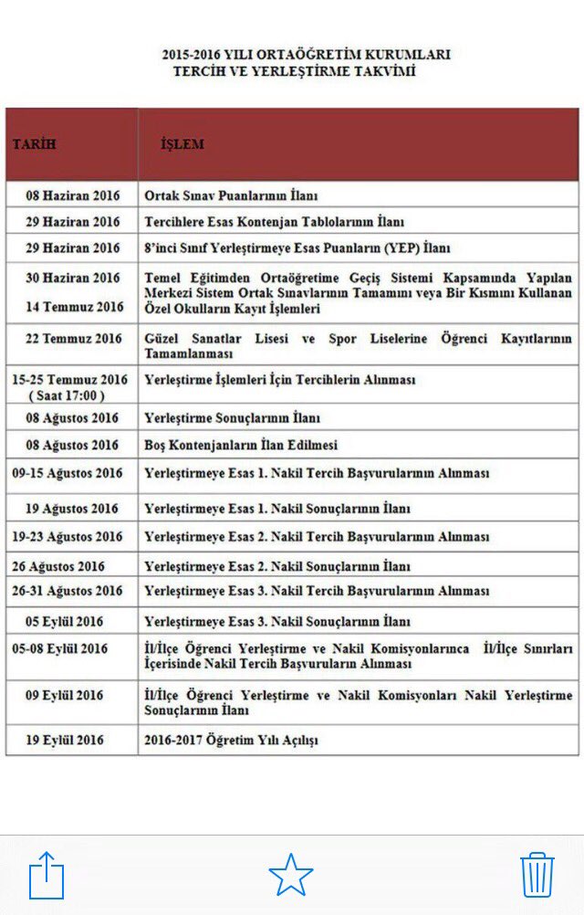 Lise tercih ve yerleştirme takvimi.