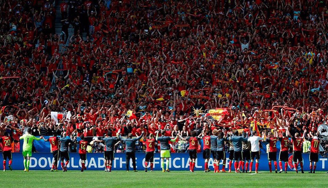 SMignolet's tweet photo. Thanks to our 12th man, a red wall of Belgium fans pushing us on! #tousenfrance #YNWA https://t.co/eB3OFqwjiJ
