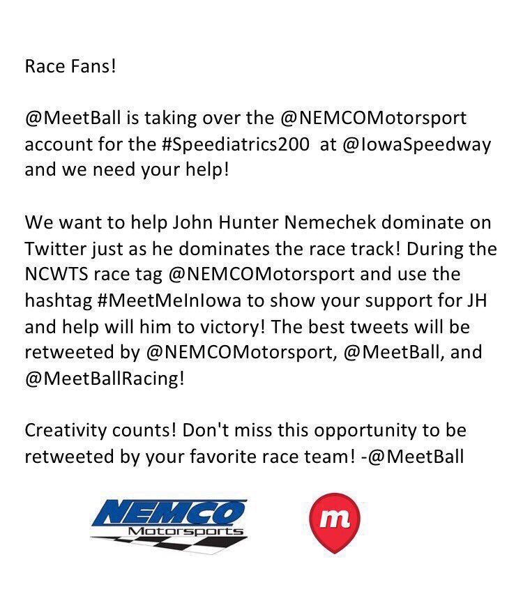 CrowdJoyRacing's tweet photo. @JHNemechek FANS! Be sure to check out the @MeetBall #MeetMeInIowa Twitter Takeover this afternoon after qualifying! https://t.co/Vc93H1Xump