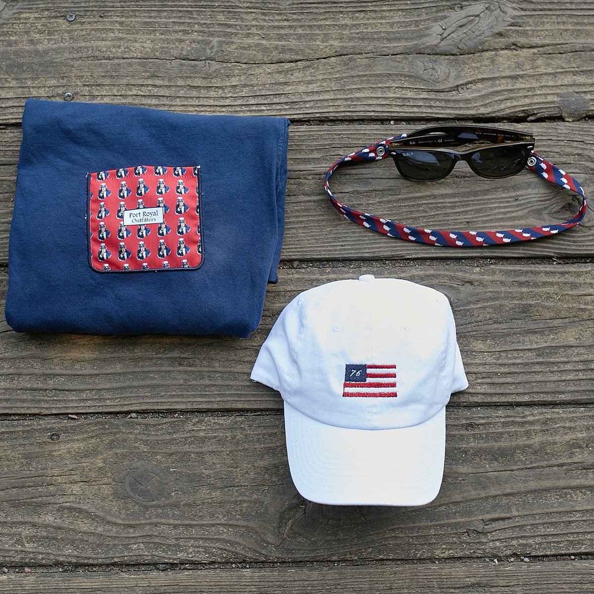 PortRoyalTweets's tweet photo. Our limited edition July 4th products are here! While supplies last

Hat - $10 
Sunglasses straps - $8
Shirt - $15 https://t.co/WTxu4t3IgZ