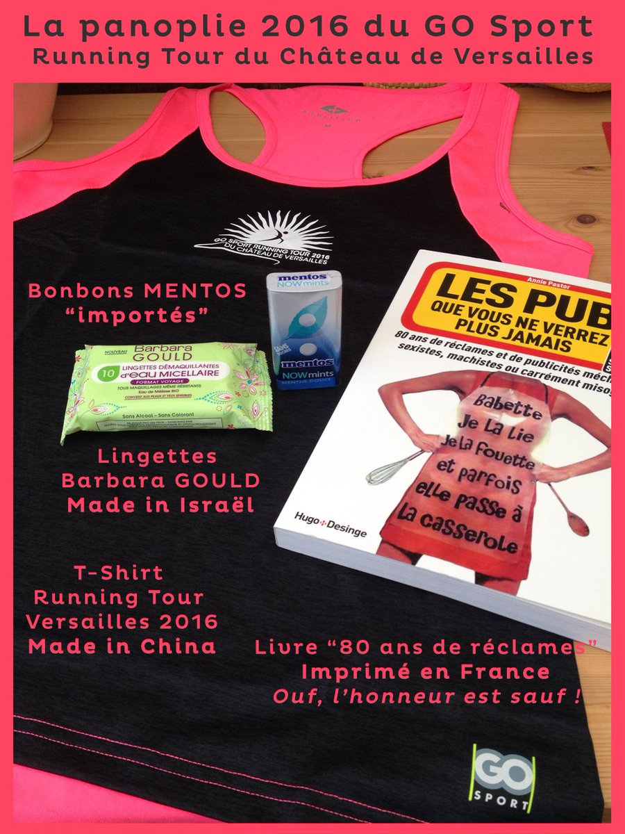 LeBottinDuMIF's tweet photo. La panoplie "sport et culture" de @gosportfrance pour la course Running Tour 2016 de @GSRTVersailles ! #madeinchina https://t.co/gWNO2JmAsA