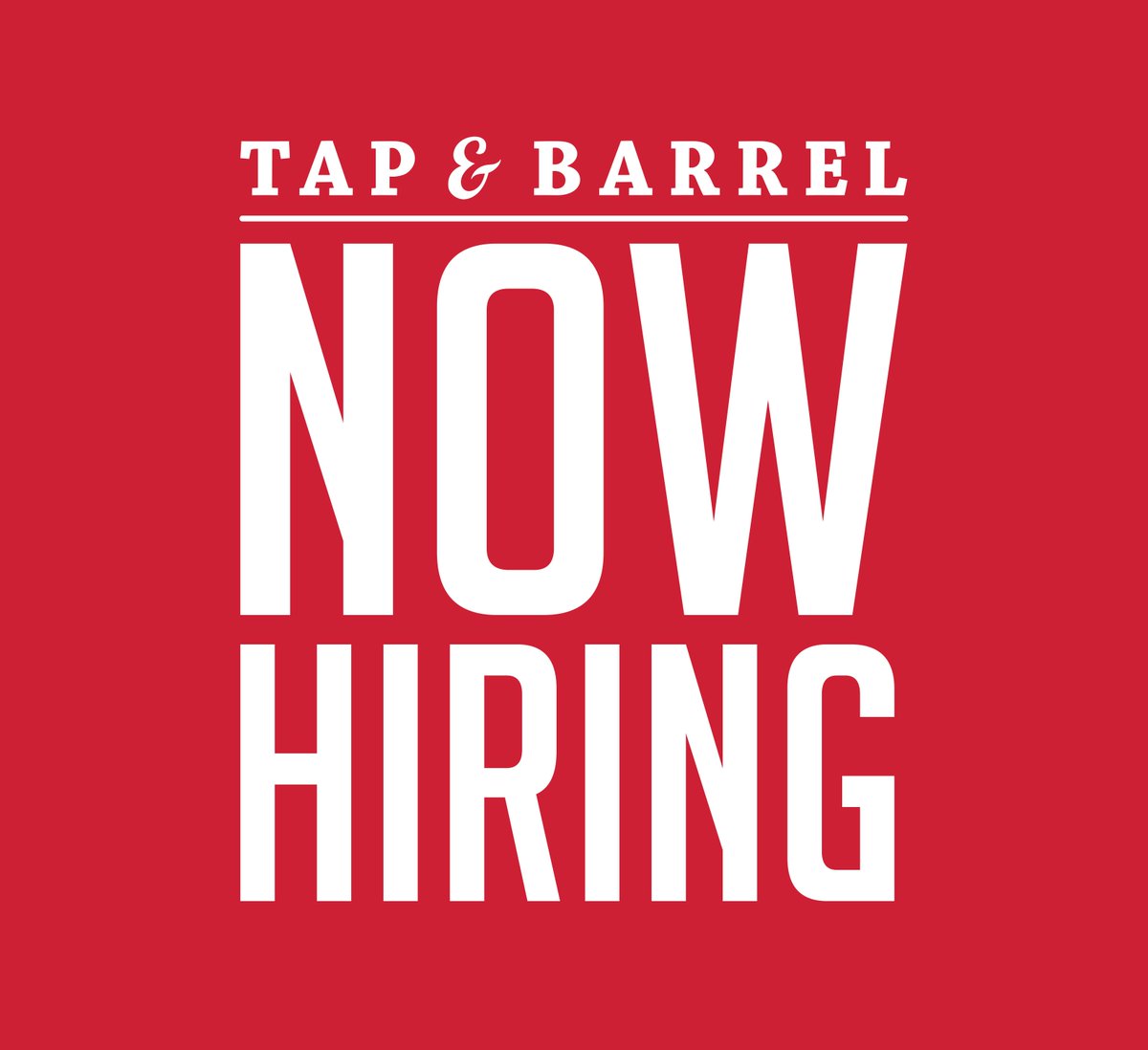 We're looking for great Servers &amp; Bartenders to join our team. Apply in person or email convention@tapandbarrel.com