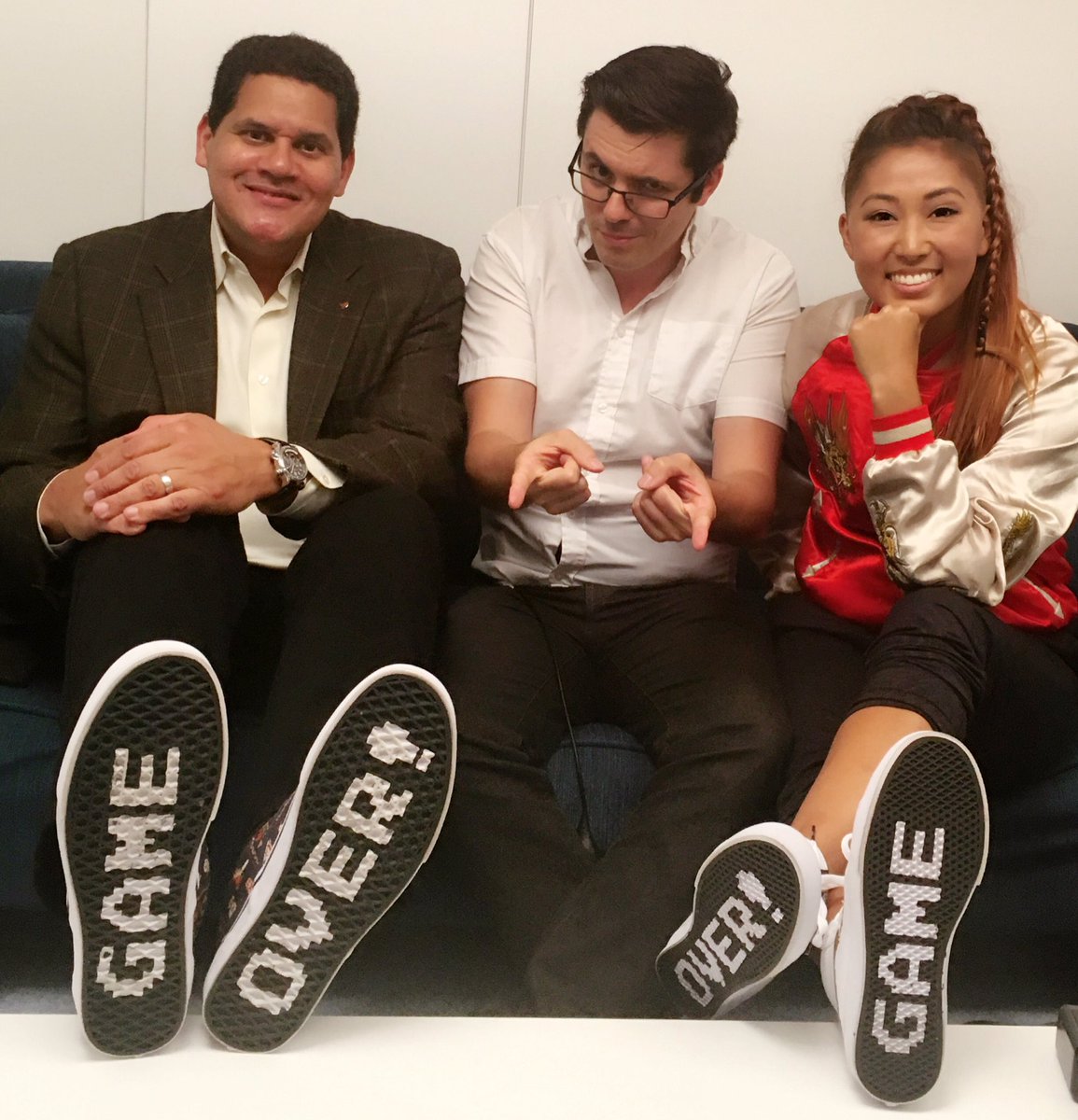 AtomicMari's tweet photo. When you sport the same kicks as the prez of Nintendo😎Coolest moment of #E32016. Thanks Reggie &amp; @NintendoAmerica!❤️ https://t.co/YgpRcgy21K