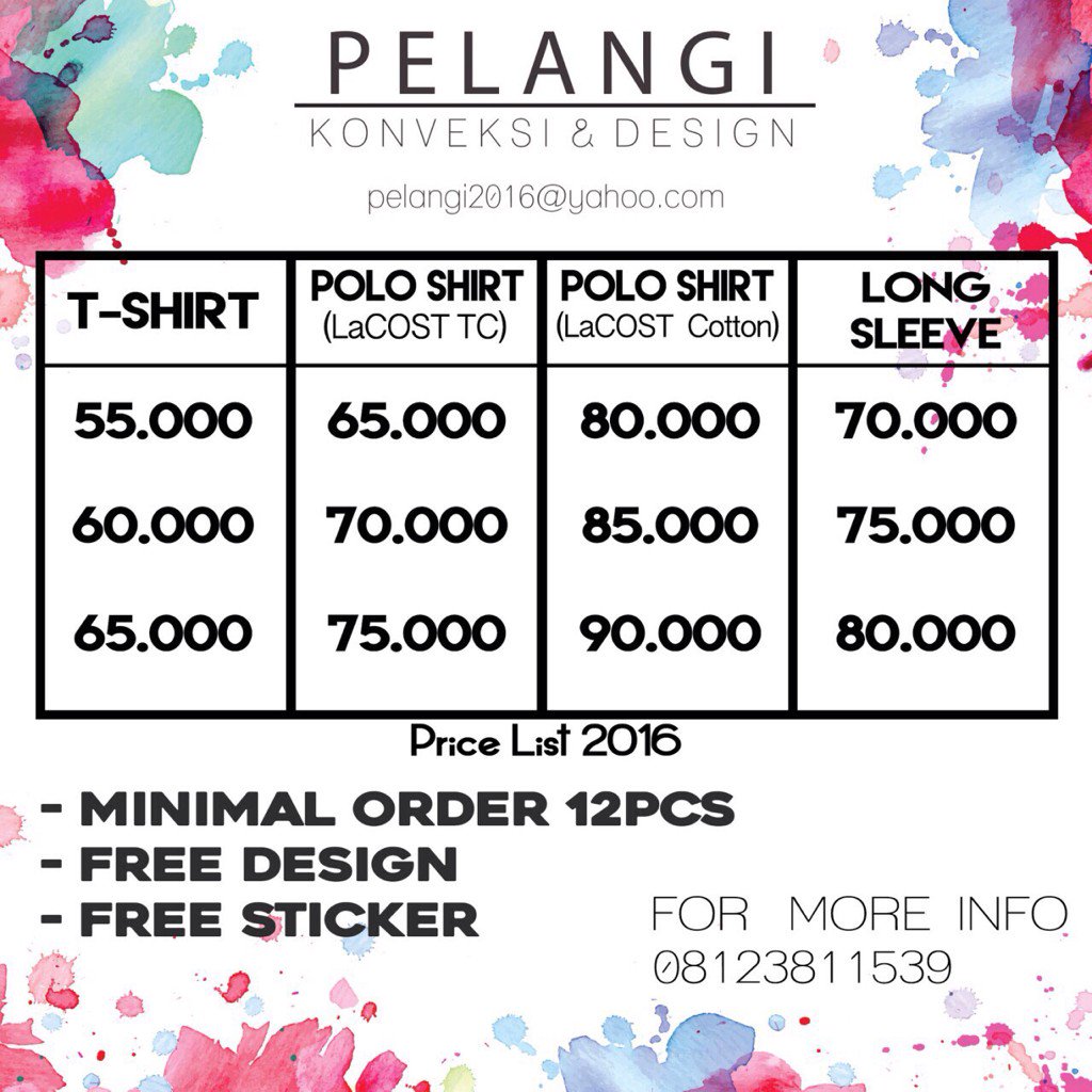 dodedipa2's tweet image. Price list pelangi konveksi. Buat yg mau order bisa chat via BBM : 73E05358 atau WA : 08123811539 , 081936660543 🙏