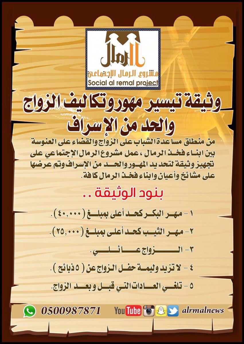 haesam20111's tweet photo. هذه الوثيقة هي الدعم الحقيقي لإبنائنا وأحمدالله اني شاركت في اعداد #وثيقة_تيسير_تكاليف_الزواج_لمجتمع_الرمال https://t.co/5oFUQceXlV