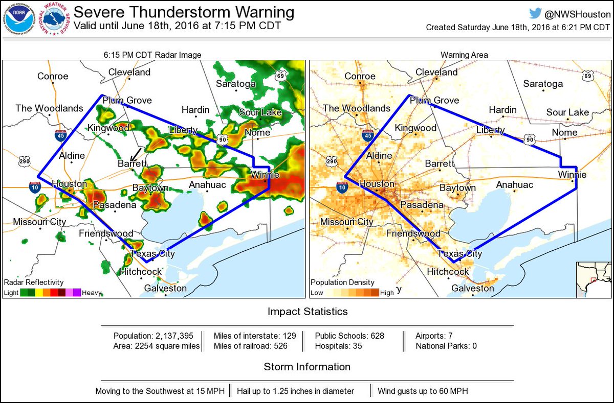 NWSSevereTstorm's tweet photo. ⚠️ Severe Thunderstorm Warning including Houston TX, Pasadena TX, Baytown TX until 7:15 PM CDT https://t.co/izI9tCi7GR