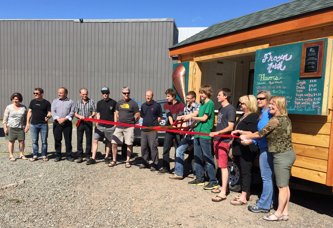 mmonkman's tweet photo. Blue skies - perfect for ribbon cutting - Frozen North Ice Cream opening Smithers Main Street  @chris24v @larryespe https://t.co/hzFosE98OF
