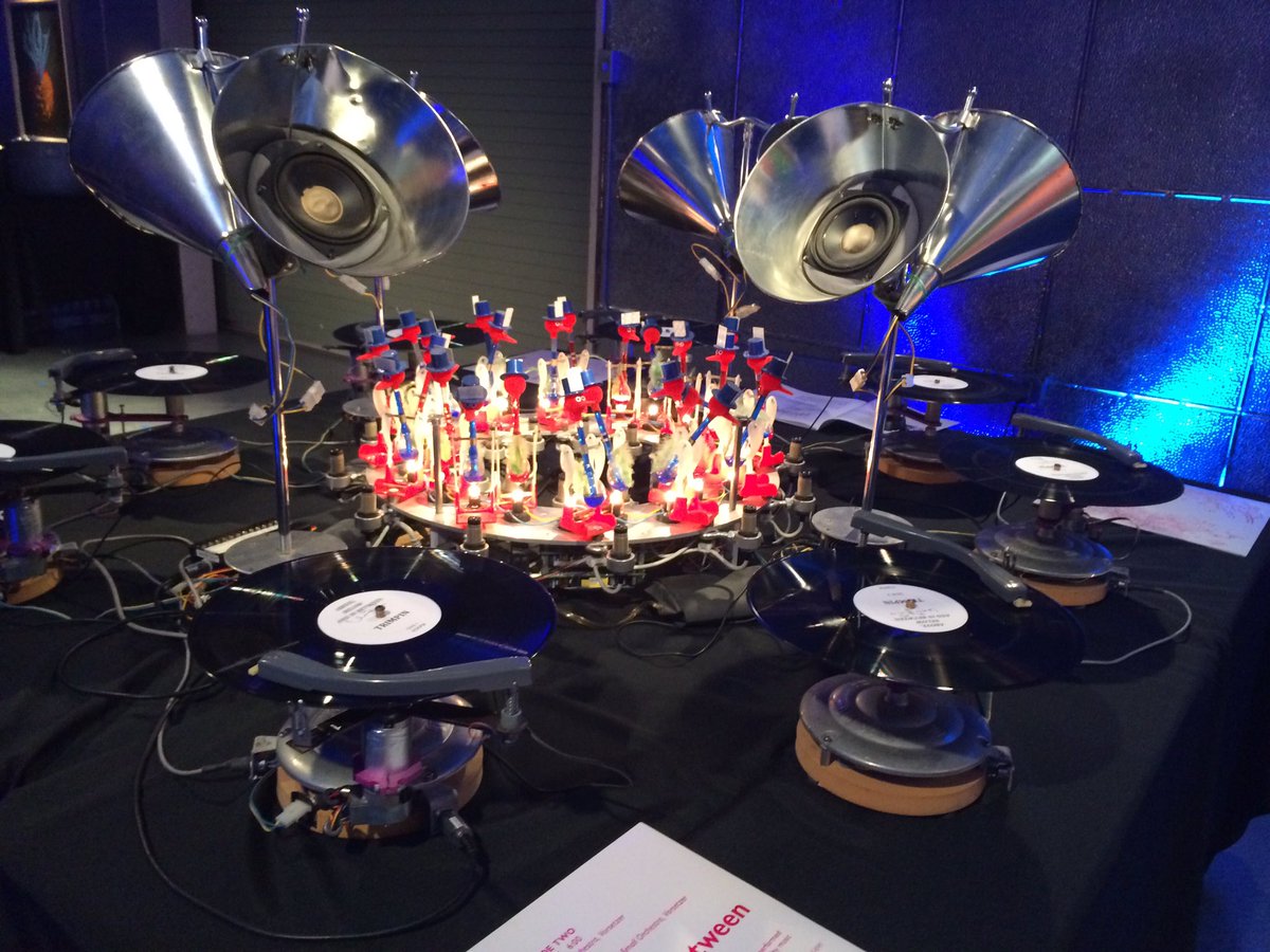 seattlesymphony's tweet photo. Yes, those are bobble-head chicken conductors. 🐔🎶 #ClubLudo #Trimpin https://t.co/qRUPFsrwws