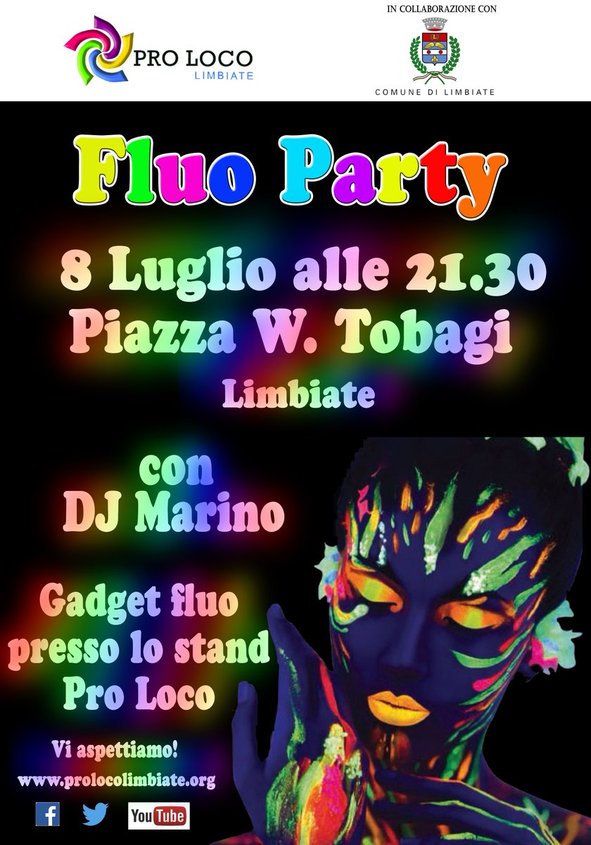 ProLocoLimbiate's tweet photo. 8 Luglio alle 21.30 in Piazza Tobagi a Limbiate Fluo Party con DJ Mario Marino!! Vi aspettiamo con gadget fluo! https://t.co/r4A77ZSnY3