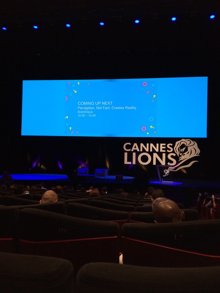RacheWhitehouse's tweet photo. Settling in to a good seat @Cannes_Lions to see #PerceptionNotFact with @NirWegrzyn @BrandOpus #CannesLions https://t.co/3dA3ra2wYE