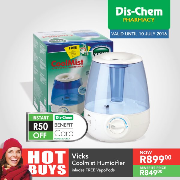 Dischem's tweet photo. HOT BUYS offer: Vicks Coolmist Humidifier, now only R899. Dis-Chem Benefit Card holders get an extra R50 off. https://t.co/NbAhsU99vl