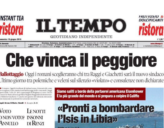 francescaferraz's tweet photo. Il premio del miglior titolo sul #ballottaggioRoma lo vince senza dubbio il @tempoweb stamattina. https://t.co/KBTxFNNQz4