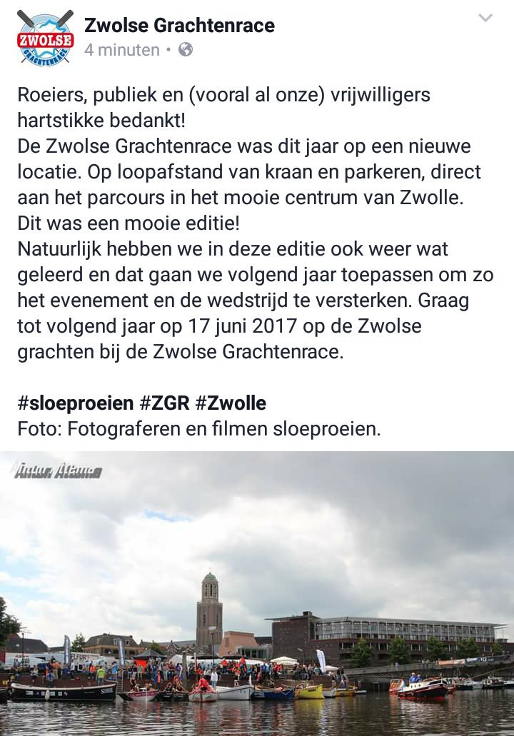 Bedankt roeiers, publiek en vooral onze vrijwilligers om de Zwolse Grachtenrace 2016 tot een succes te maken!