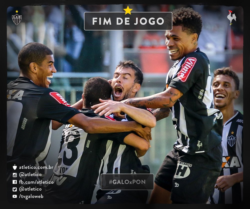 Atletico's tweet photo. Fim de jogo! #Galo 3 x 0 Ponte Preta! Gols de Leandro Donizete, Cazares e Carlos! #GALOxPON https://t.co/ZyiEMwmJ9W