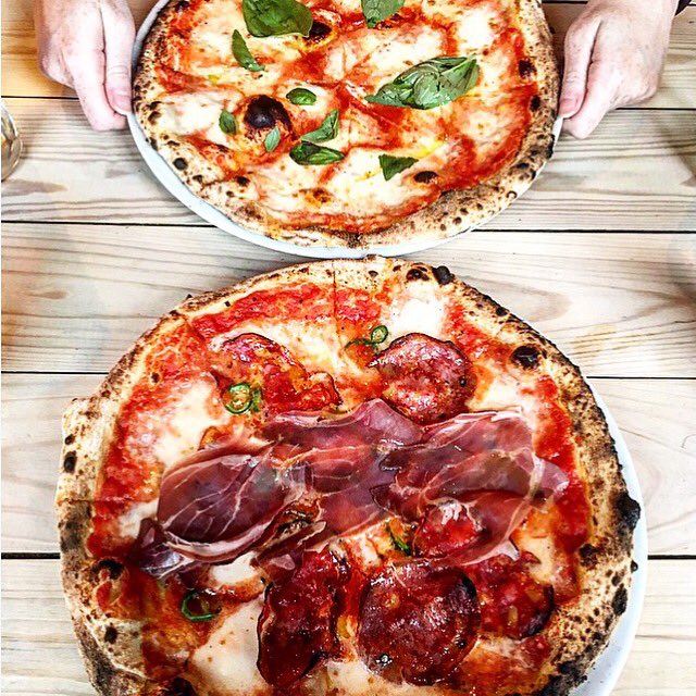 The <a href="/mamma_dough/">Mamma Dough</a> margarita &amp; cured meat pizzas. Sourdough joy.