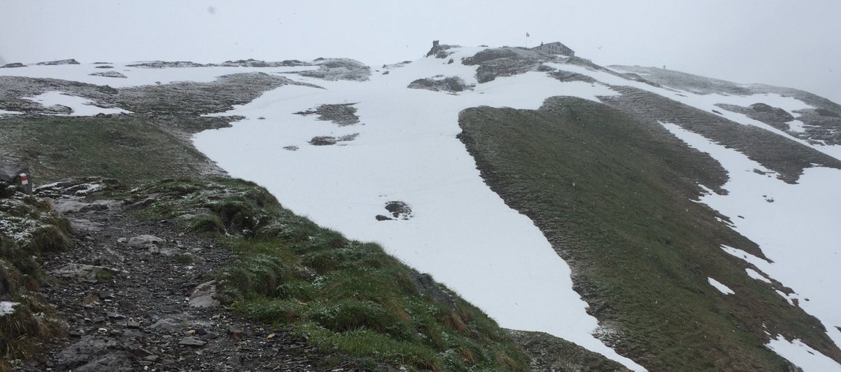 Mountain cabin with surrounding fields of snow, grass, and rocks.