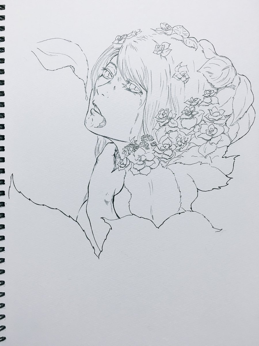 #ガチ制作会
線画完成、水彩は難しそうなので
色鉛筆で頑張ります 