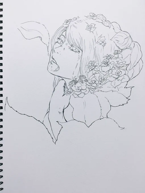 #ガチ制作会
線画完成、水彩は難しそうなので
色鉛筆で頑張ります 