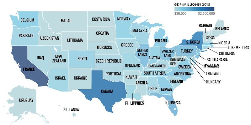 BusinessInsider's tweet photo. This brilliant map renames each US state with a country generating the same GDP https://t.co/t0vDEfj1bW https://t.co/UJynF4a4Ex