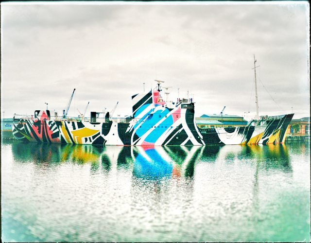 kirvelaite's tweet photo. Finally got round seeing this #dazzleship @EdArtFest #ciaraphilips #docks #art #festival #publicart #leith #shore https://t.co/47IgAJsY9w