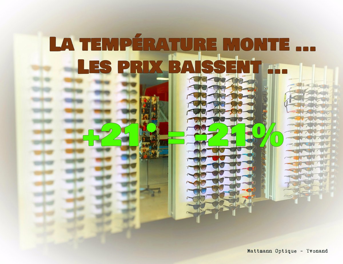 MattmannOptique's tweet photo. Le 20 juin 2016 #MétéoSuisse prévoit 21 degrés à #Yvonand !
21% de réduction sur les #lunettes de #soleil https://t.co/oD212OoIAO