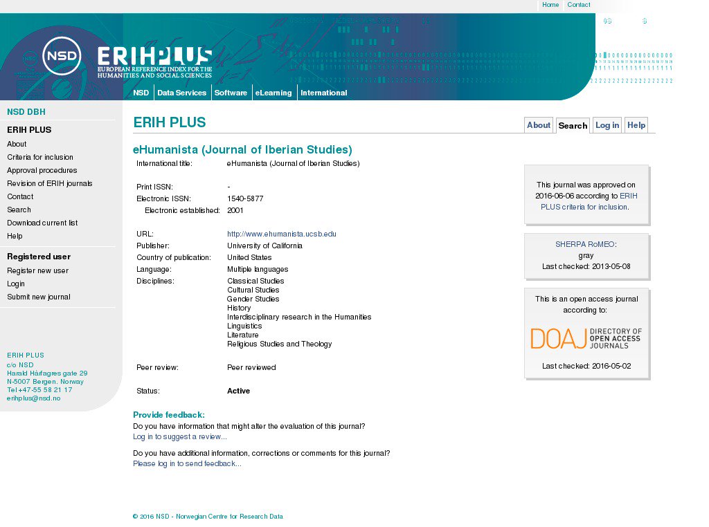 @eHumanista now indexed at the European Reference Index for the Humanities and the Social Sciences (ERIH PLUS) :-)