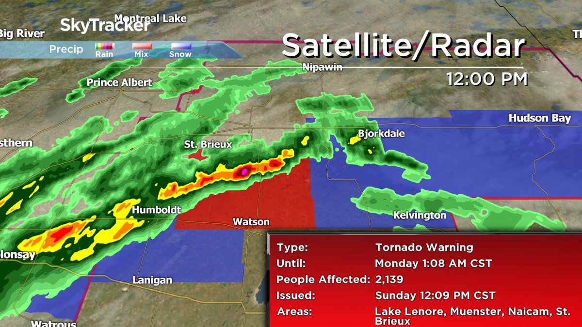 PQuinlanGlobal's tweet photo. Tornado warning for the Muenster, Lake Lenore, Spalding, St. Brieux and Naicam areas. Possible tornado #skstorm #yxe https://t.co/BrHSh2fpGv