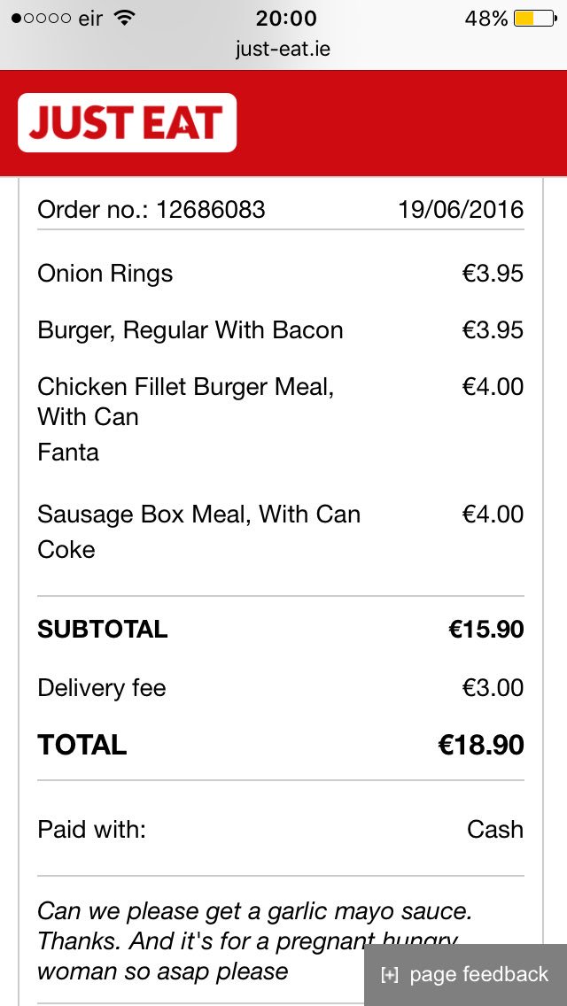 PaddyWhelan1's tweet photo. @JustEatIE you need a 'pregnant hungry woman' button so the food gets here quicker! https://t.co/BJhHWHUGAe