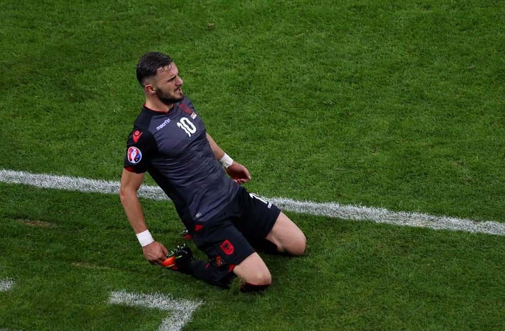 UEFAEURO's tweet photo. A goal #ALB fans will remember for a long time. Their first at a major tournament 👏👏👏 https://t.co/zWoSTHWu4k