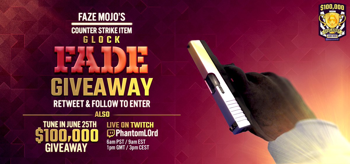 MojoOnPC's tweet image. 290$ Glock Fade GIVEAWAY! Thanks @PhantomL0rd , don't miss the $100k giveaway on the 25th! goo.gl/D6BRrL
