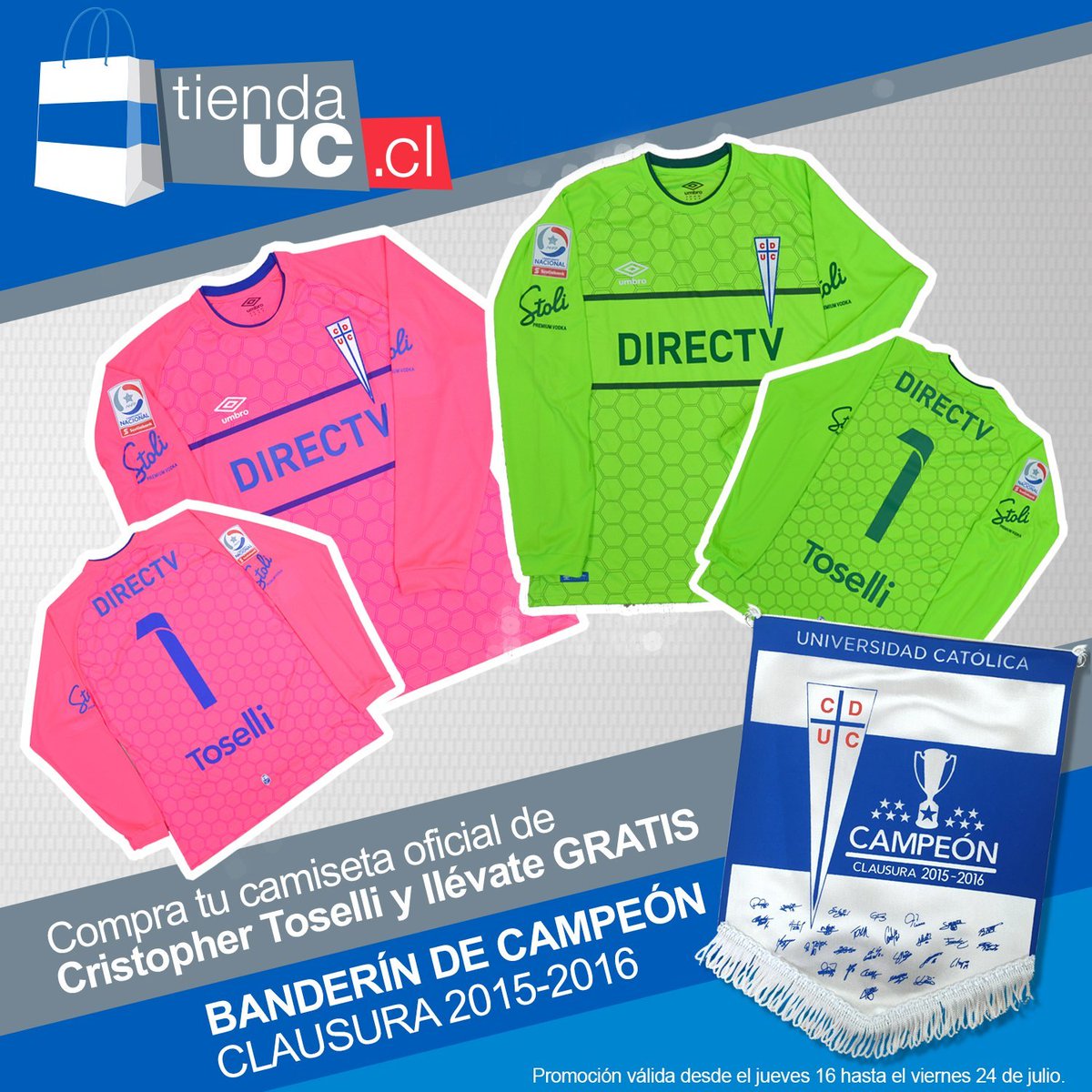 ¡Puedes llevarte el banderín Campeón con la camiseta de <a href="/toselli23/">Cristopher Toselli</a>! ¡solo por TiendaUC.cl!