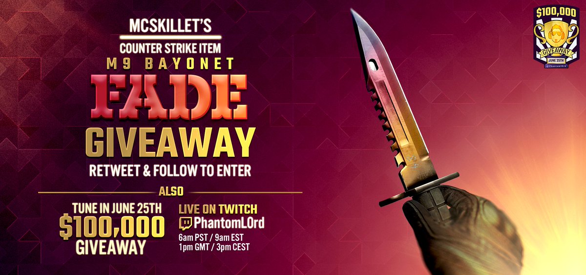 OG_McSkillet's tweet image. I'm giving away an M9 fade knife here - goo.gl/fbnk3f… Also @PhantomL0rd is giving away $100,000+ on 25th!