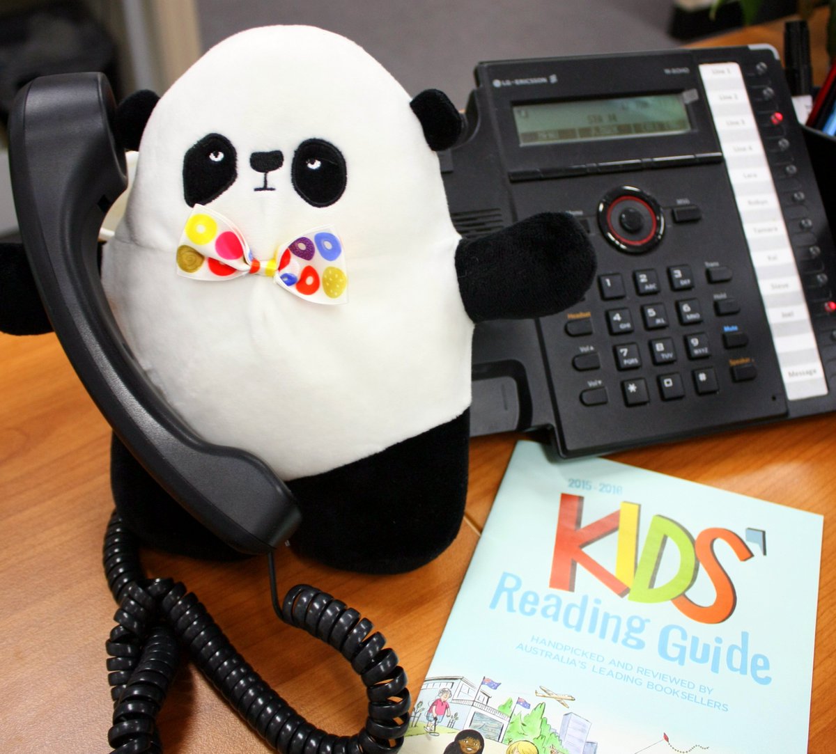 KRG_au's tweet photo. We have a bad case of Mondayitis, so Mr Panda is taking any calls about the #kidsreadingguide @HCBoz @MrSteveAntony https://t.co/hvnR7xkm4E
