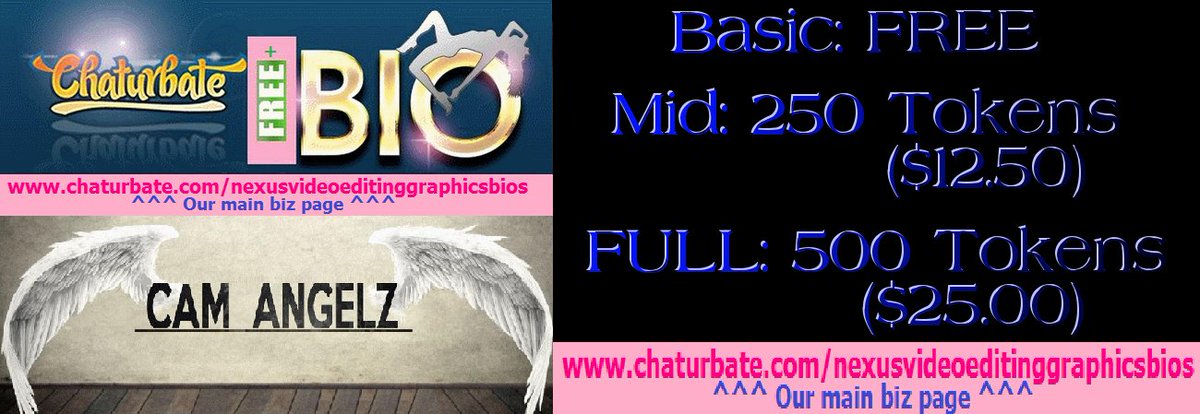 nexusvidediting's tweet photo. @chaturbates &amp; @CamAngelz viewers &amp; models!
Bios FREE-500 tokenshttps://chaturbate.com/nexusvideoeditinggraphicsbios https://t.co/jcLUdawM9B