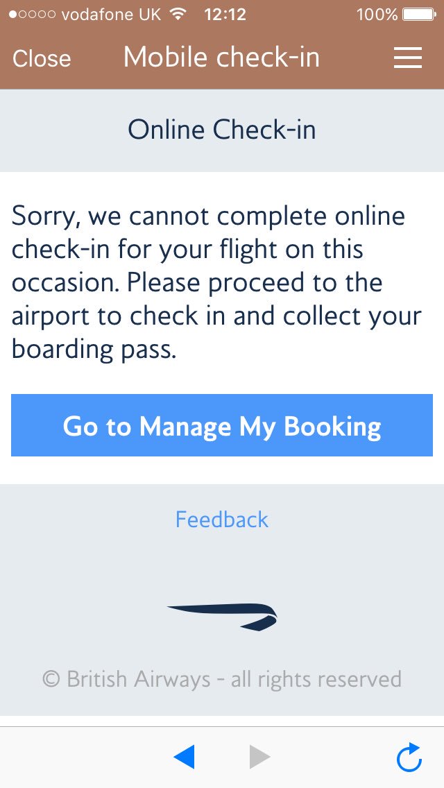 nixstaines's tweet photo. @British_Airways Yes! I get this error message both on mobile &amp; desktop after passport info &amp; bag number selection https://t.co/JlL1BkpbMw