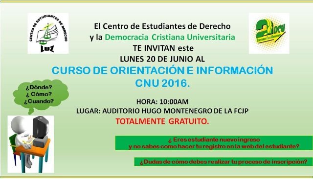 Ivanjbc_'s tweet photo. Estudiantes CNU (Nuevos Ingresos) Hoy el CED y la @DCU2LUZ les ofrece el Curso de Orientación e Información 2016. https://t.co/mfTYtVUL81