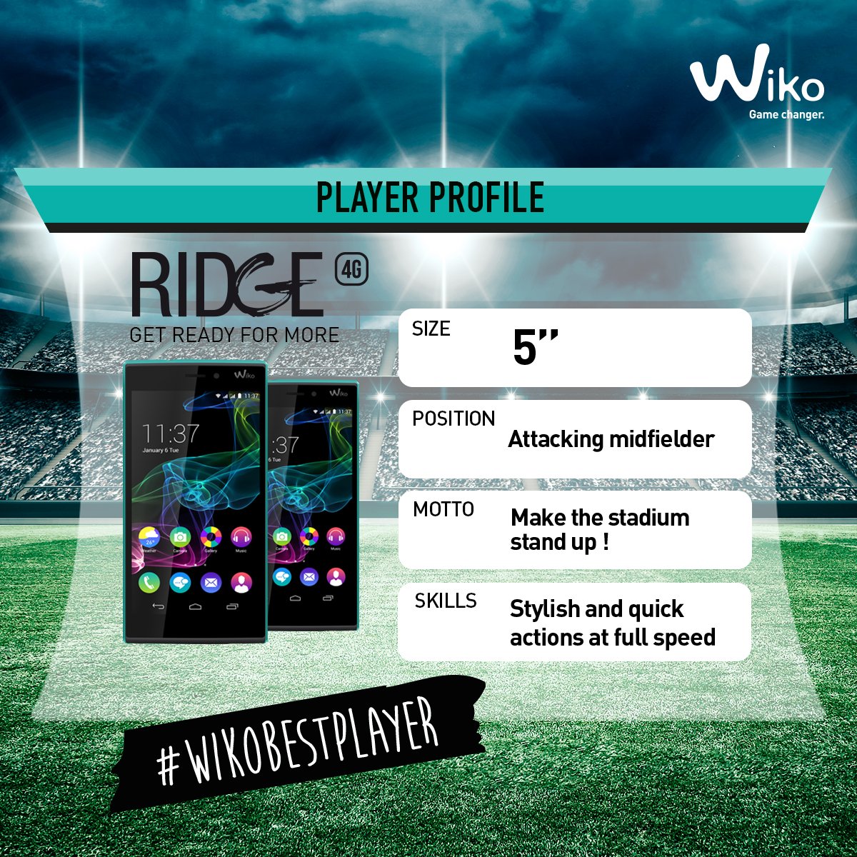 WikoKenya's tweet photo. RIDGE 4G is fluid, fast, and knows how to be heard ! Full of character. Vote for RIDGE 4G 
#wikobestplayer https://t.co/agzJ3esEmK
