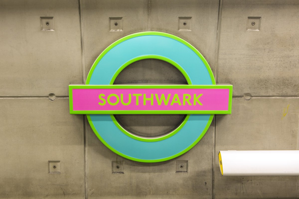 TfL's tweet photo. Catch artist Michael Craig-Martin’s fresh take on Southwark's roundel, celebrating @Tate Modern’s new #SwitchHouse https://t.co/ctJol5csjJ