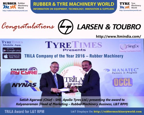 rubbermachineri's tweet photo. Congratulations to L&amp;T-RPM for winning TRiLA Company of the Year 2016 - Rubber Machinery. #LTRPM #RMWInfo https://t.co/MoBuJ43H3E