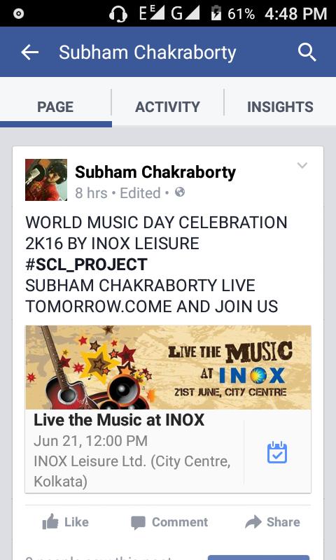 livesubham's tweet photo. WORLD MUSIC DAY CELEBRATION 2K16 BY INOX LEISURE
#SCL_PROJECT
SUBHAM CHAKRABORTY LIVE
TOMORROW.COME AND JOIN US https://t.co/kjfSxRTGAv
