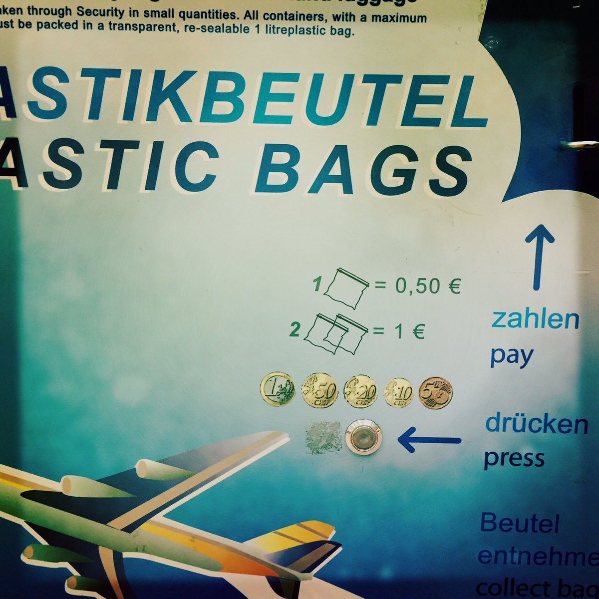 At #HamburgAirport you have to pay for the plastic bag before security control. Not in #Zurich or #London. Not yet!