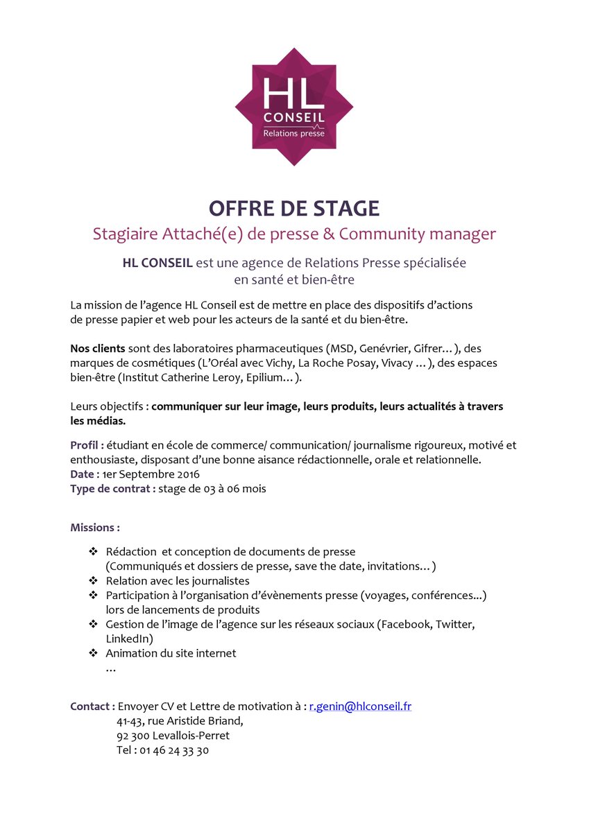 HL_Conseil's tweet photo. @Emploi92 Nous recherchons un(e) stagiaire attaché(e) presse &amp; community manager à #levalloisperret début 09/2016 https://t.co/aXHEymf42R
