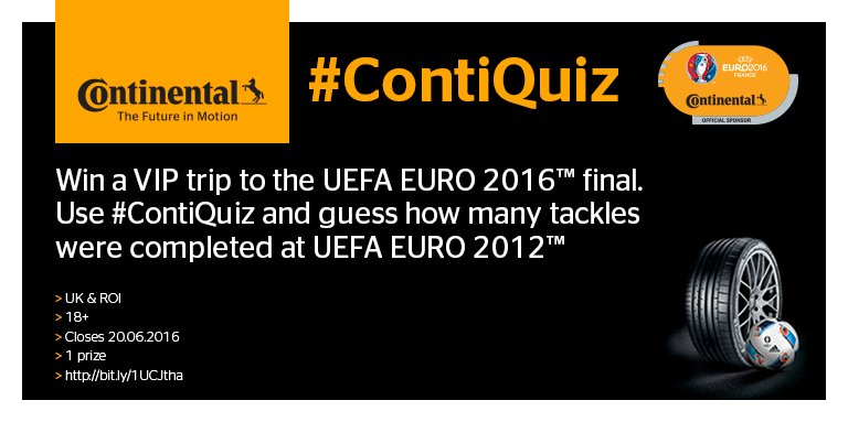 Squawka's tweet photo. Win a VIP trip to UEFA EURO 2016™ final. Use #ContiQuiz & guess how many tackles were completed at UEFA EURO 2012™ https://t.co/DlI1Z99y2p