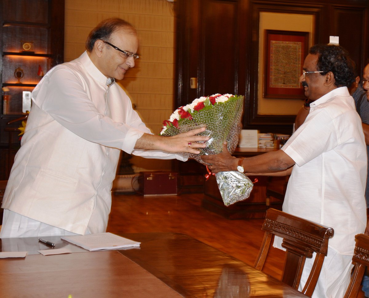 FinMinIndia's tweet photo. FM meeting with Shri A K Balan, Minister of Kerala for Welfare of SC, ST and Backward Class in New Delhi today. https://t.co/048glIDejp